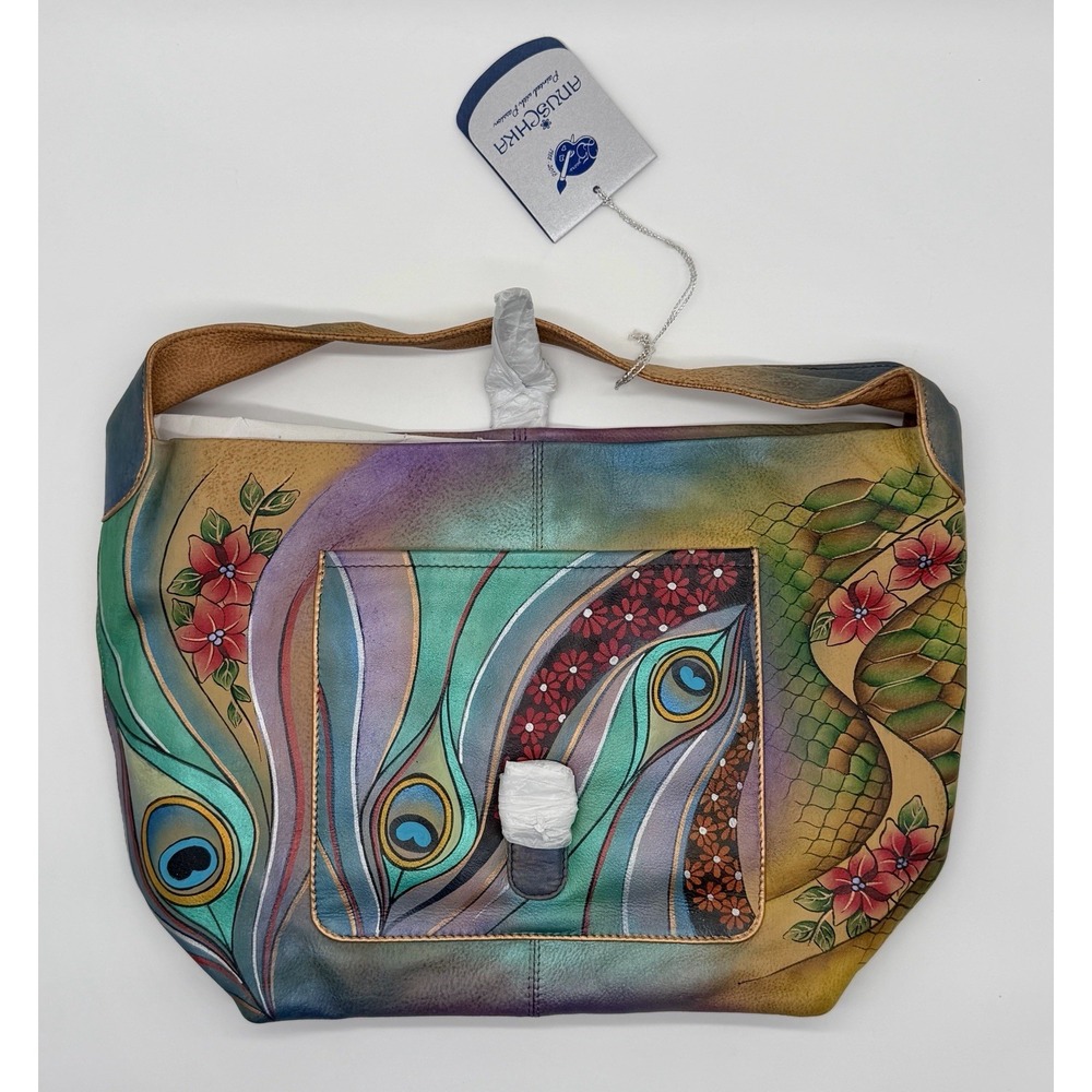 NWT Anuschka Hand Painted Leather Purse Peacock Bird Multicolor Shoulder Bag